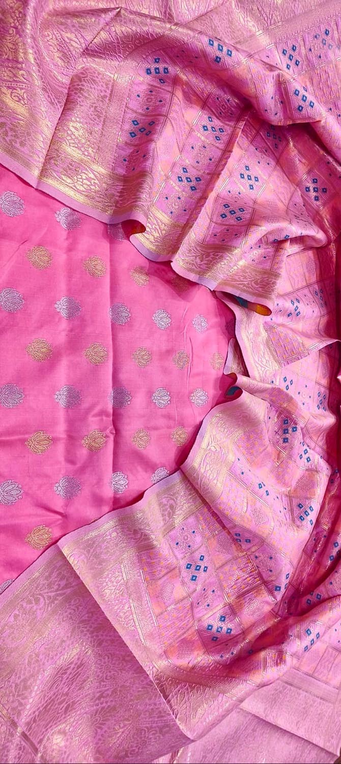 Pink Banarasi Silk Three Piece Unstitched Suit Set With Meenakari Dupatta - Luxurion World