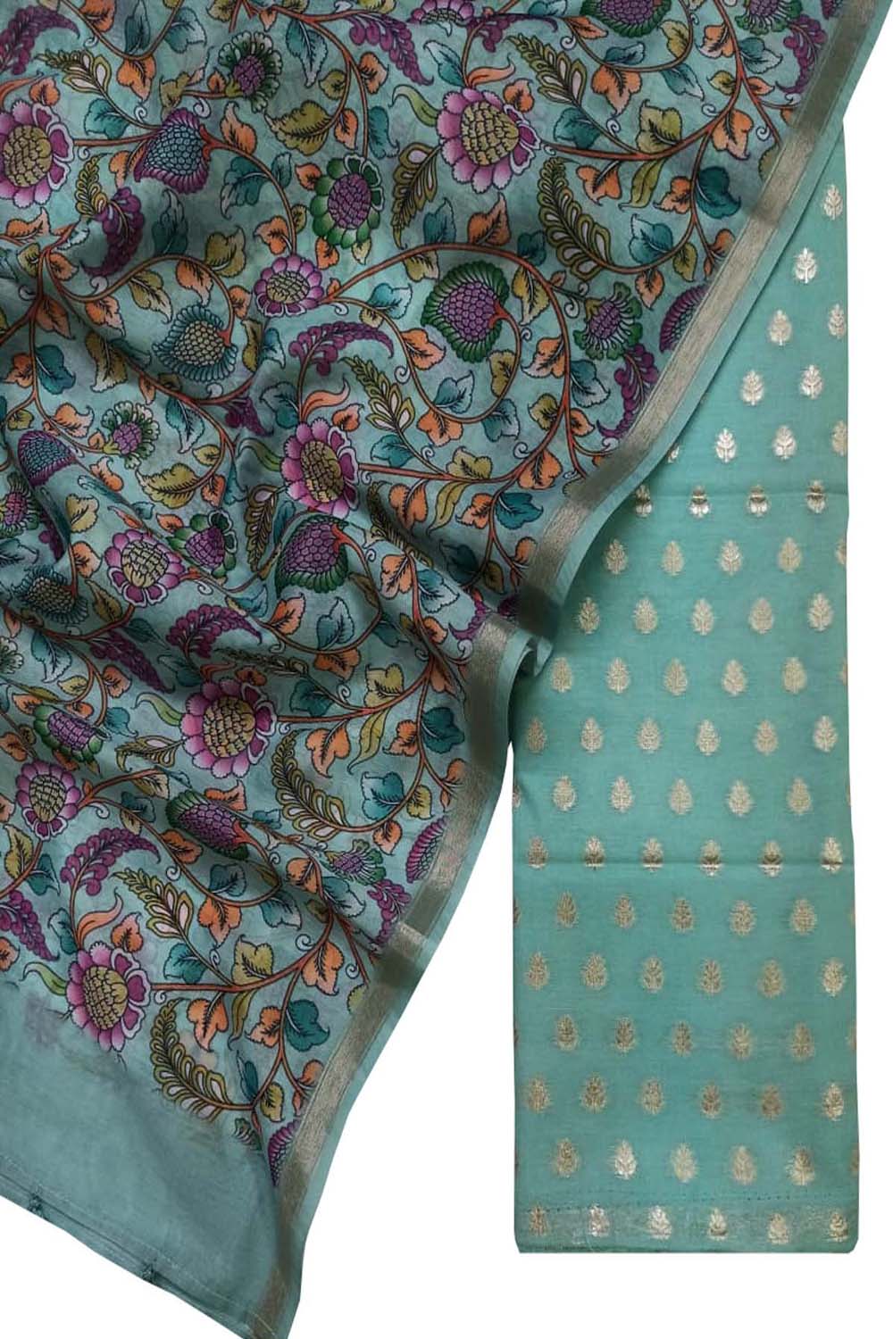 Blue Banarasi Chanderi Silk 3-Piece Suit Set with Digital Printed Dupatta - Luxurion World