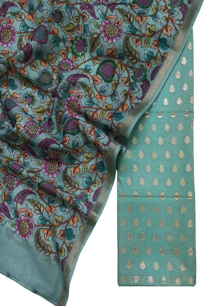 Blue Banarasi Chanderi Silk 3-Piece Suit Set with Digital Printed Dupatta - Luxurion World