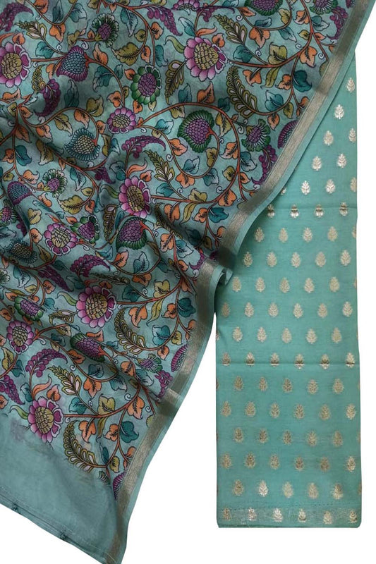 Blue Banarasi Chanderi Silk 3-Piece Suit Set with Digital Printed Dupatta - Luxurion World