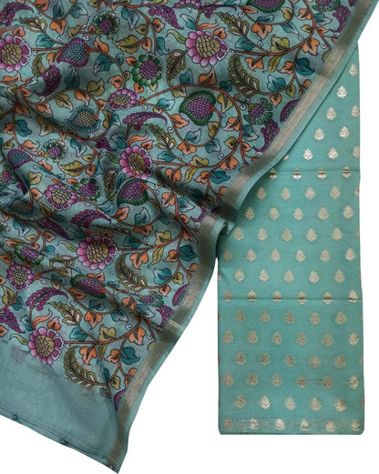 Blue Banarasi Chanderi Silk 3-Piece Suit Set with Digital Printed Dupatta - Luxurion World