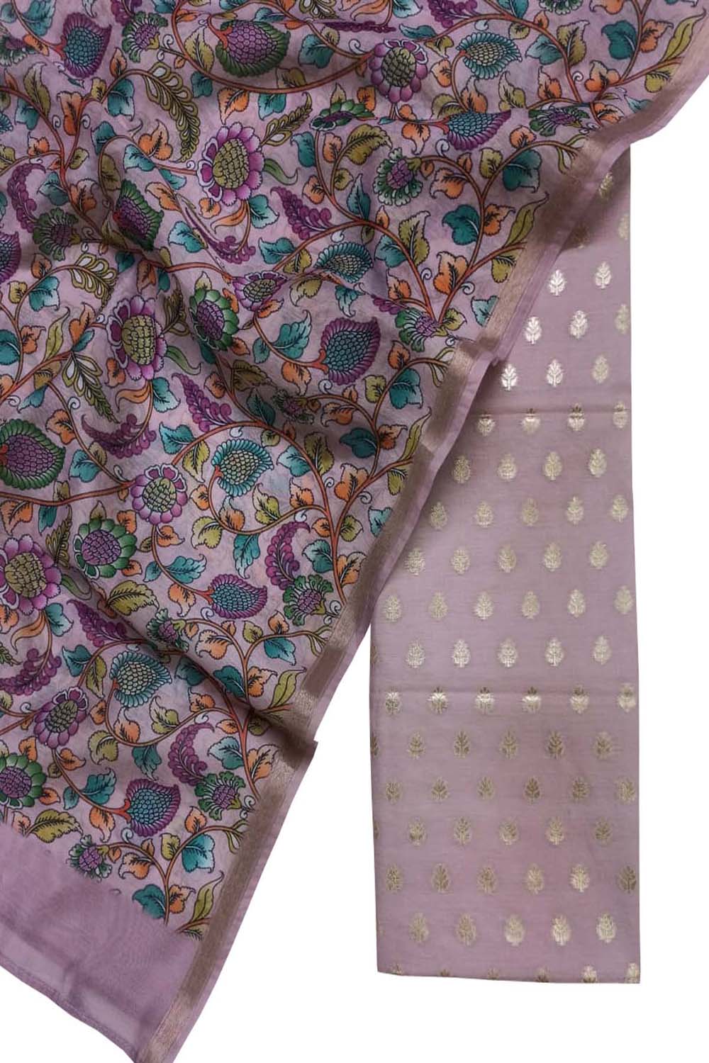 Purple Banarasi Chanderi Silk 3-Piece Unstitched Suit Set: Digital Printed Dupatta - Luxurion World