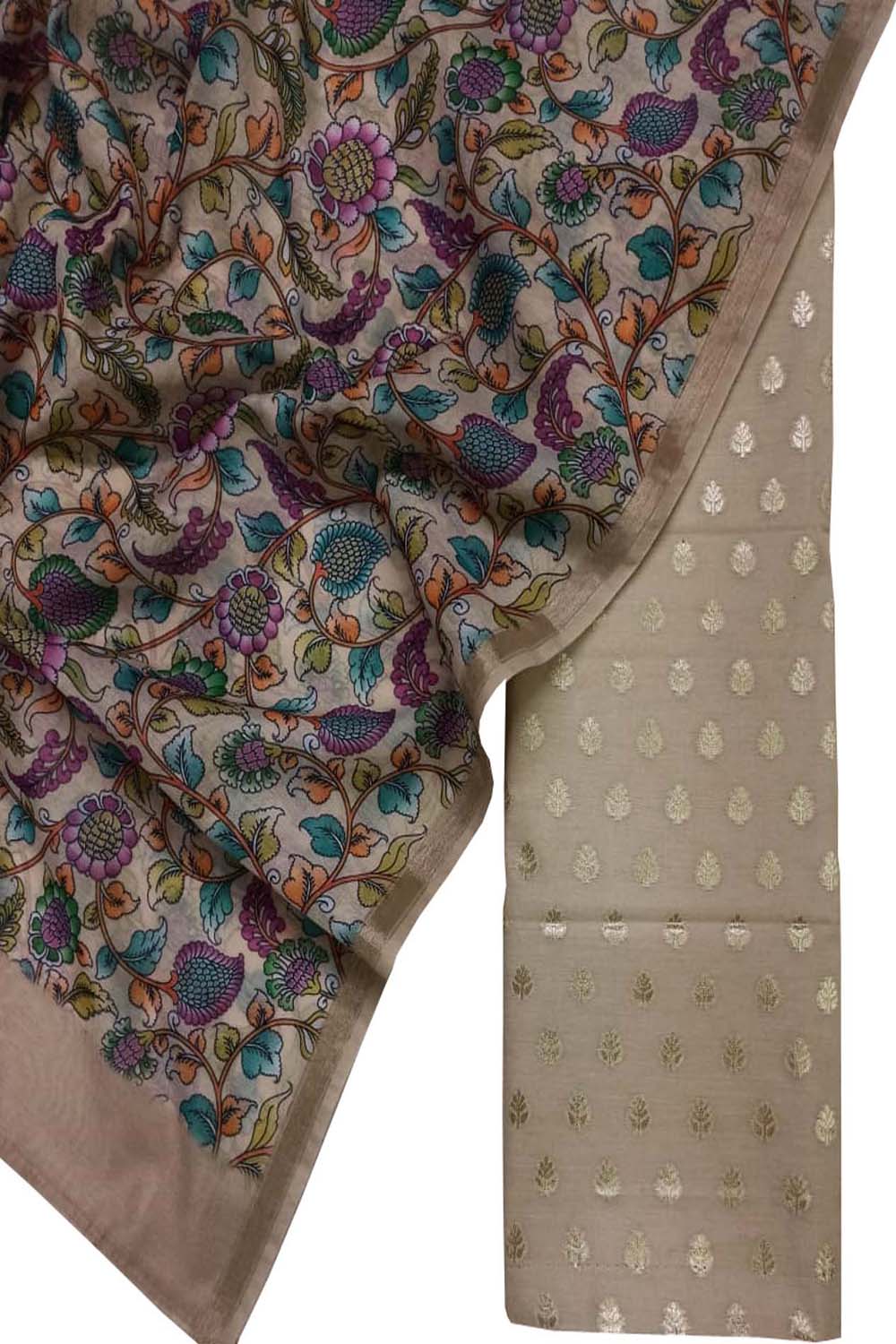 Pastel Banarasi Chanderi Silk Three Piece Unstitched Suit Set - Luxurion World