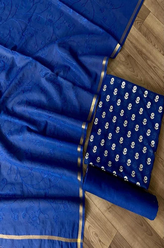 Blue Handloom Banarasi Cotton Silk Three Piece Unstitched Suit Set With Embroidered Dupatta