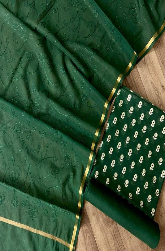 Green Handloom Banarasi Cotton Silk Three Piece Unstitched Suit Set With Embroidered Dupatta - Luxurion World