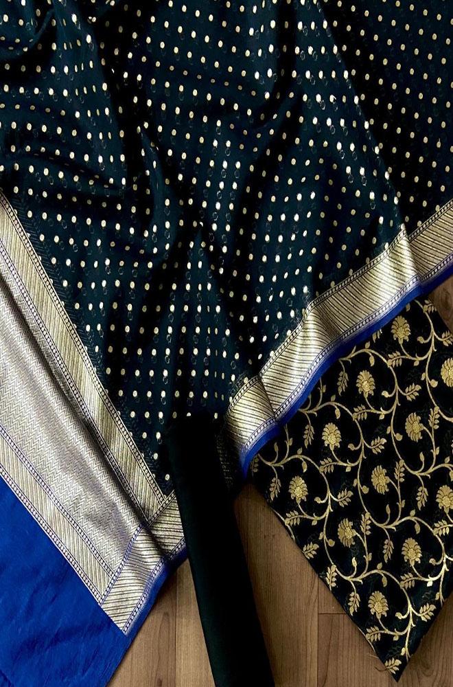 Black Handloom Banarasi Cotton Silk Three Piece Unstitched Suit Set - Luxurion World