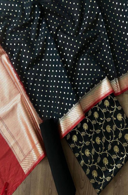 Black Handloom Banarasi Cotton Silk Three Piece Unstitched Suit Set - Luxurion World