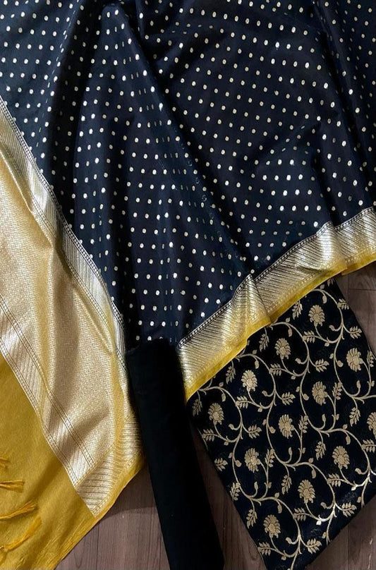 Black Handloom Banarasi Cotton Silk Three Piece Unstitched Suit Set - Luxurion World