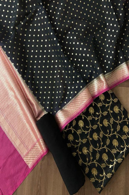 Black Handloom Banarasi Cotton Silk Three Piece Unstitched Suit Set - Luxurion World