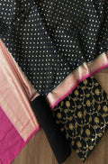 Black Handloom Banarasi Cotton Silk Three Piece Unstitched Suit Set - Luxurion World