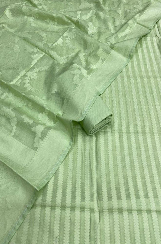 Green Banarasi Cotton Three Piece Unstitched Suit Set - Luxurion World