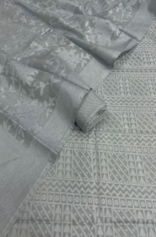 Grey Banarasi Cotton Three Piece Unstitched Suit Set - Luxurion World