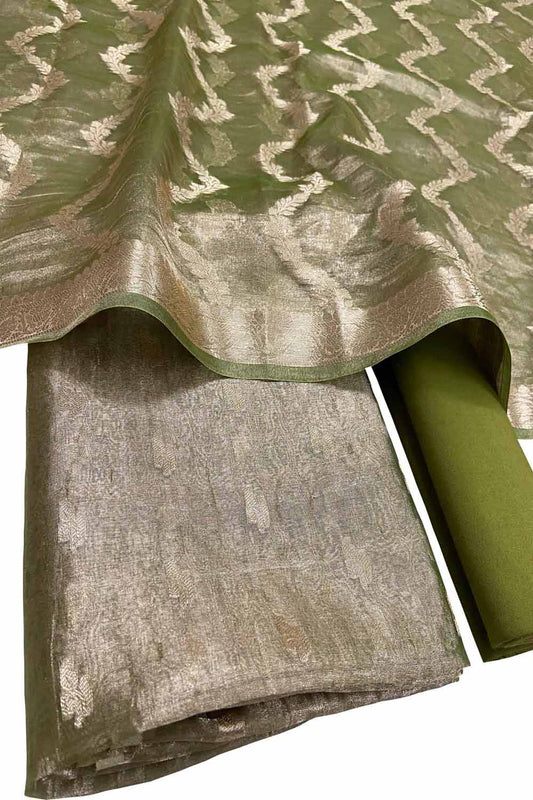 Elegant Green Banarasi Tissue Organza Three Piece Suit - Luxurion World