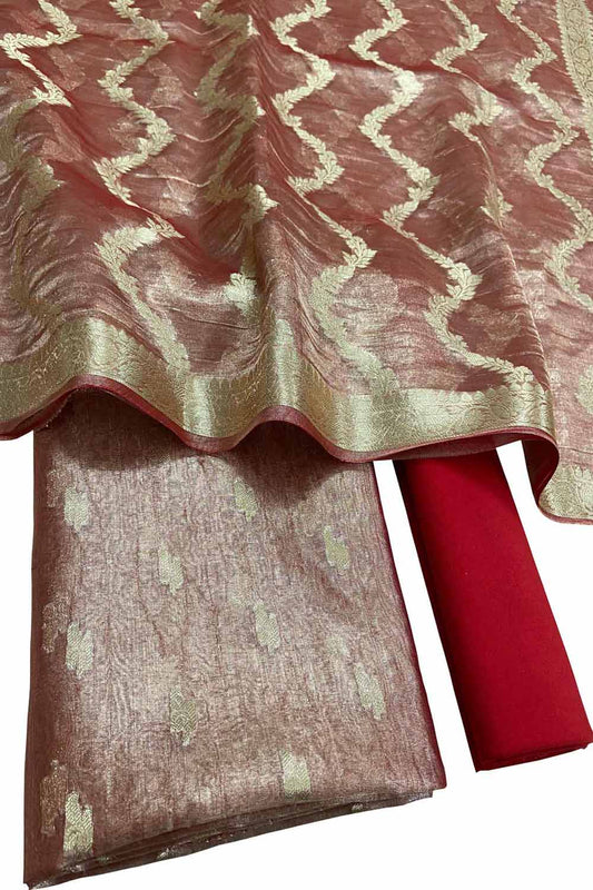 Elegant Red Banarasi Tissue Organza Unstitched Suit Set