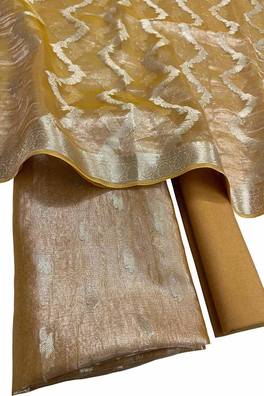 Yellow Banarasi Tissue Organza Three Piece Unstitched Suit Set