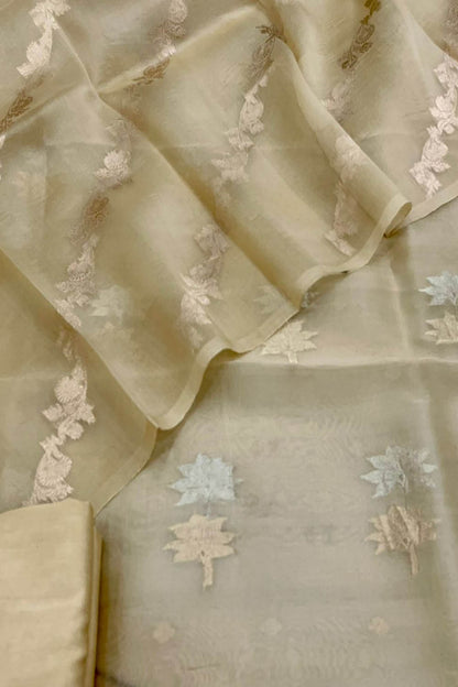 Pastel Banarasi Handloom Pure Organza Silk Three Piece Unstitched Suit Set - Luxurion World
