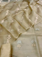 Pastel Banarasi Handloom Pure Organza Silk Three Piece Unstitched Suit Set - Luxurion World