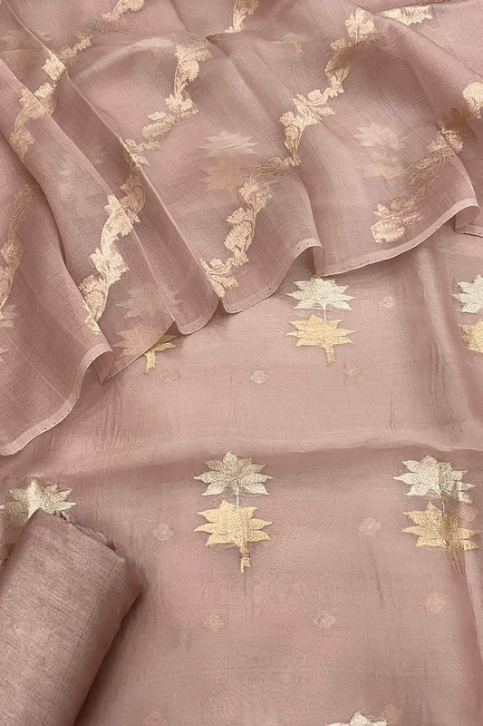 Pink Banarasi Handloom Pure Organza Silk Three Piece Unstitched Suit Set