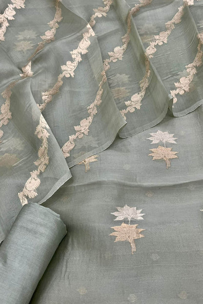 Grey Banarasi Handloom Pure Organza Silk Three Piece Unstitched Suit Set - Luxurion World