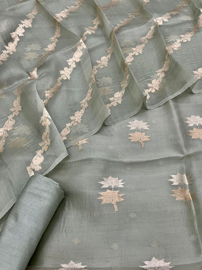 Grey Banarasi Handloom Pure Organza Silk Three Piece Unstitched Suit Set - Luxurion World