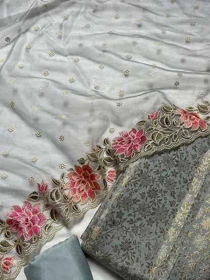 Grey Banarasi Katan Silk Three Piece Unstitched Suit Set With Embroidered Organza Dupatta
