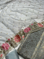 Grey Banarasi Katan Silk Three Piece Unstitched Suit Set With Embroidered Organza Dupatta - Luxurion World