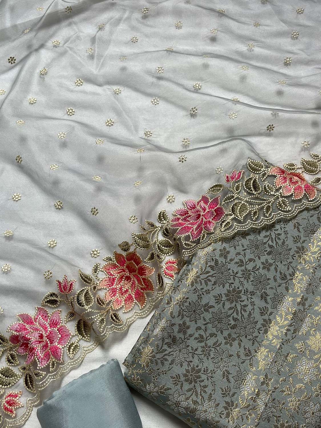 Grey Banarasi Katan Silk Three Piece Unstitched Suit Set With Embroidered Organza Dupatta - Luxurion World