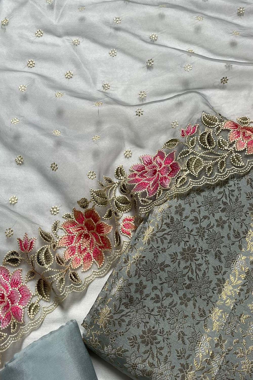 Grey Banarasi Katan Silk Three Piece Unstitched Suit Set With Embroidered Organza Dupatta - Luxurion World