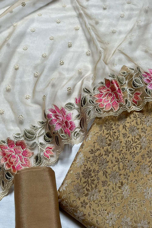 Cream Banarasi Katan Silk Three Piece Unstitched Suit Set With Embroidered Organza Dupatta - Luxurion World
