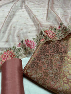 Pink Banarasi Katan Silk Three Piece Unstitched Suit Set With Embroidered Organza Dupatta - Luxurion World