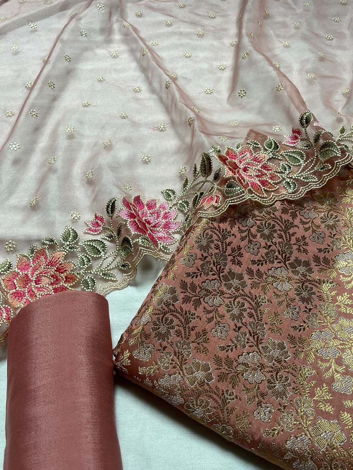 Pink Banarasi Katan Silk Three Piece Unstitched Suit Set With Embroidered Organza Dupatta - Luxurion World