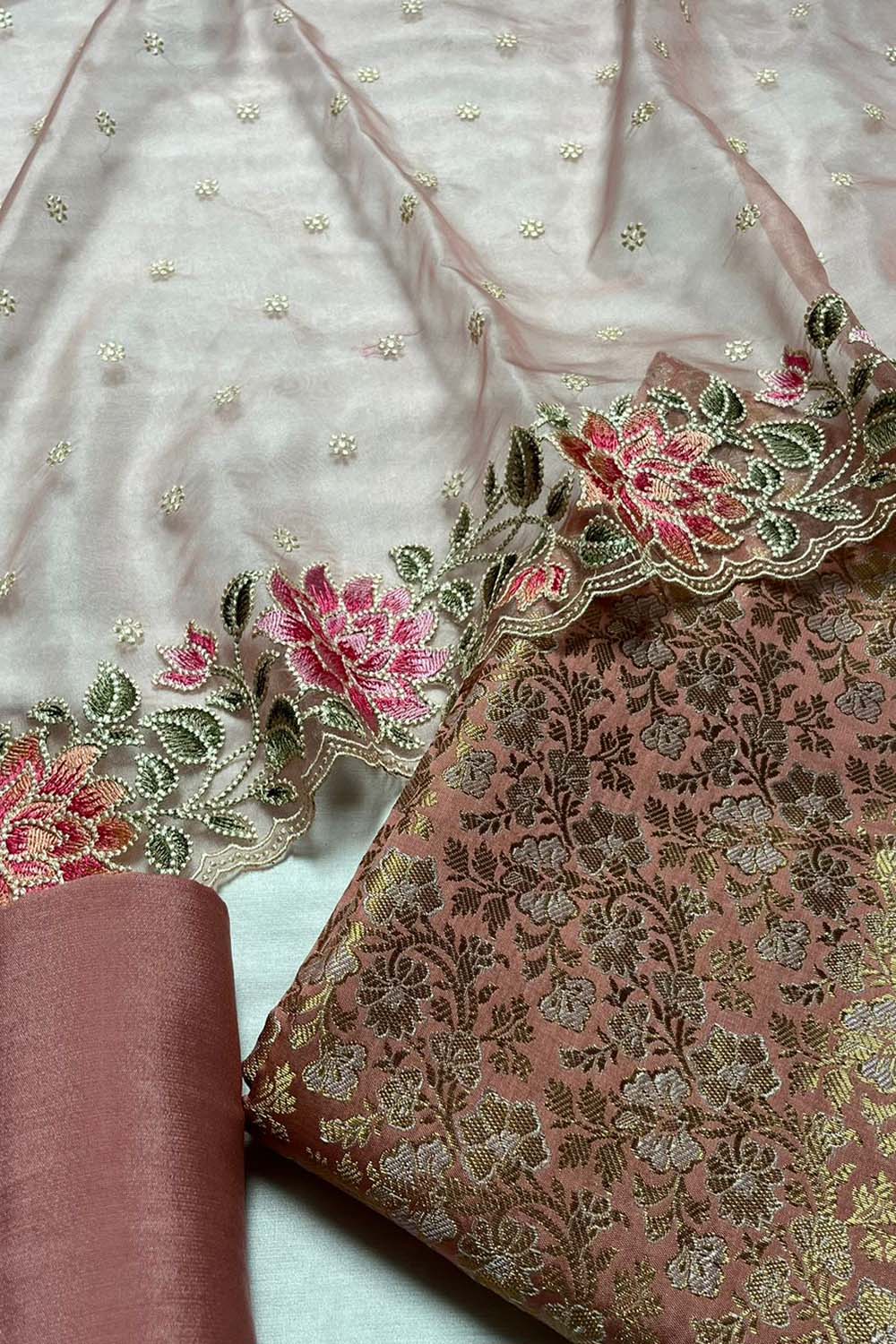 Pink Banarasi Katan Silk Three Piece Unstitched Suit Set With Embroidered Organza Dupatta - Luxurion World