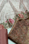 Pink Banarasi Katan Silk Three Piece Unstitched Suit Set With Embroidered Organza Dupatta - Luxurion World
