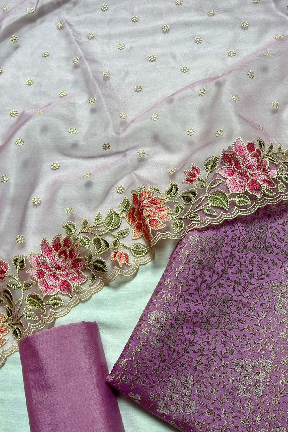 Purple Banarasi Katan Silk Three Piece Unstitched Suit Set With Embroidered Organza Dupatta - Luxurion World