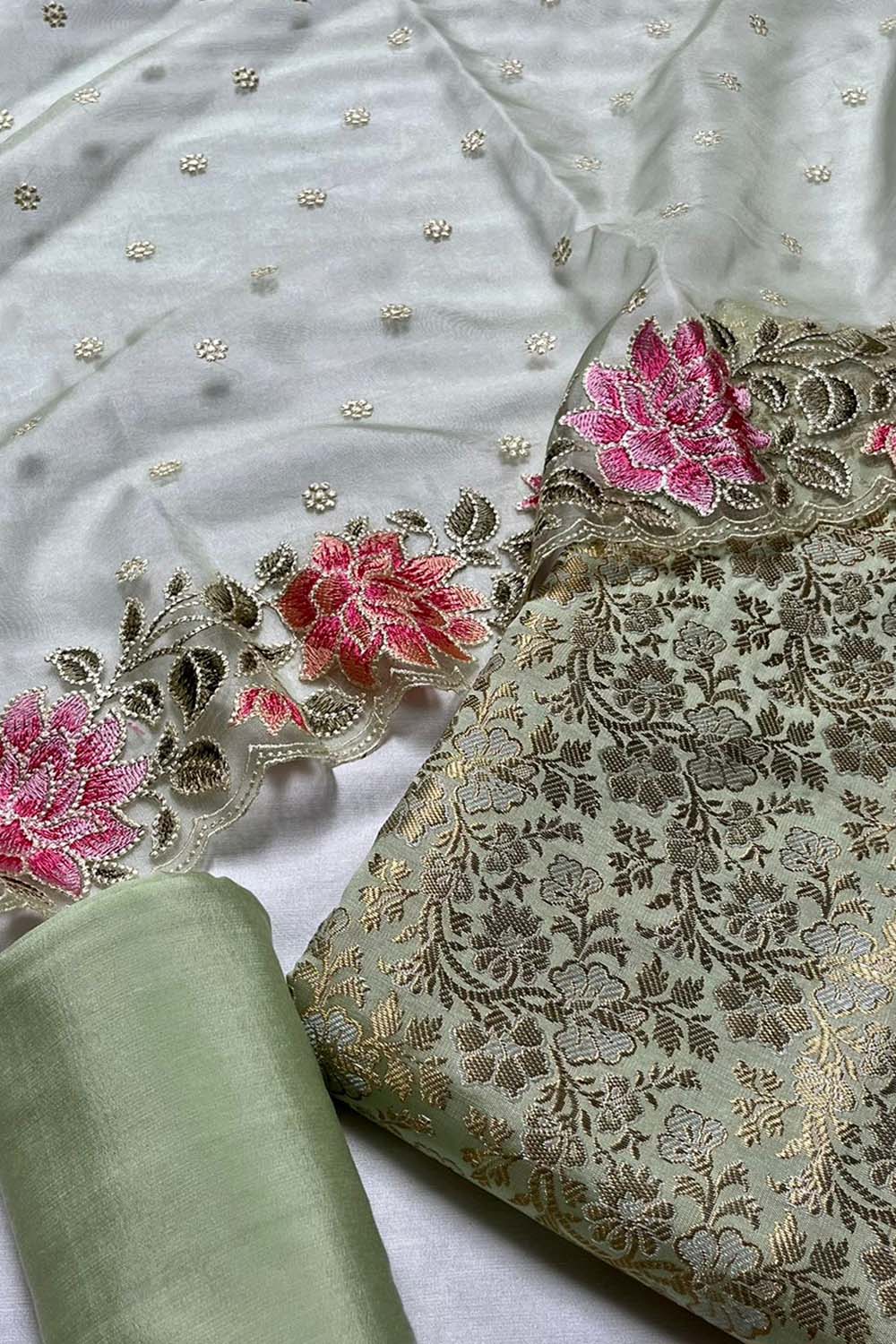 Green Banarasi Katan Silk Three Piece Unstitched Suit Set With Embroidered Organza Dupatta