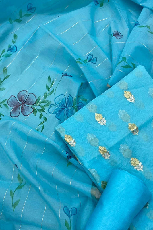 Shop the Latest Blue Banarasi Chanderi Silk Suit Set - Ethnic Wear - Luxurion World