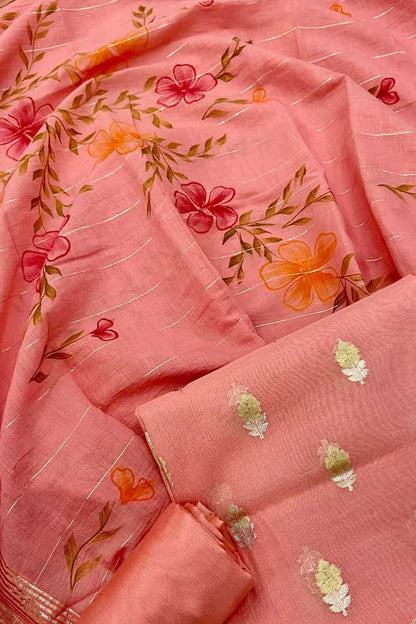 Shop Now: Pink Banarasi Chanderi Silk Suit Set - Unstitched