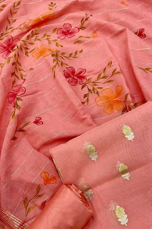 Shop Now: Pink Banarasi Chanderi Silk Suit Set - Unstitched - Luxurion World