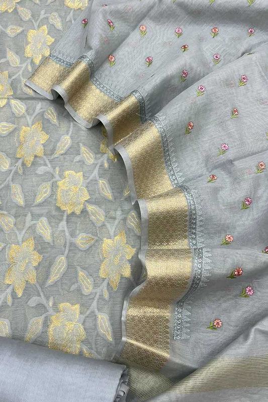 Graceful Grey Banarasi Cotton Suit Set - Unstitched Three Piece - Luxurion World