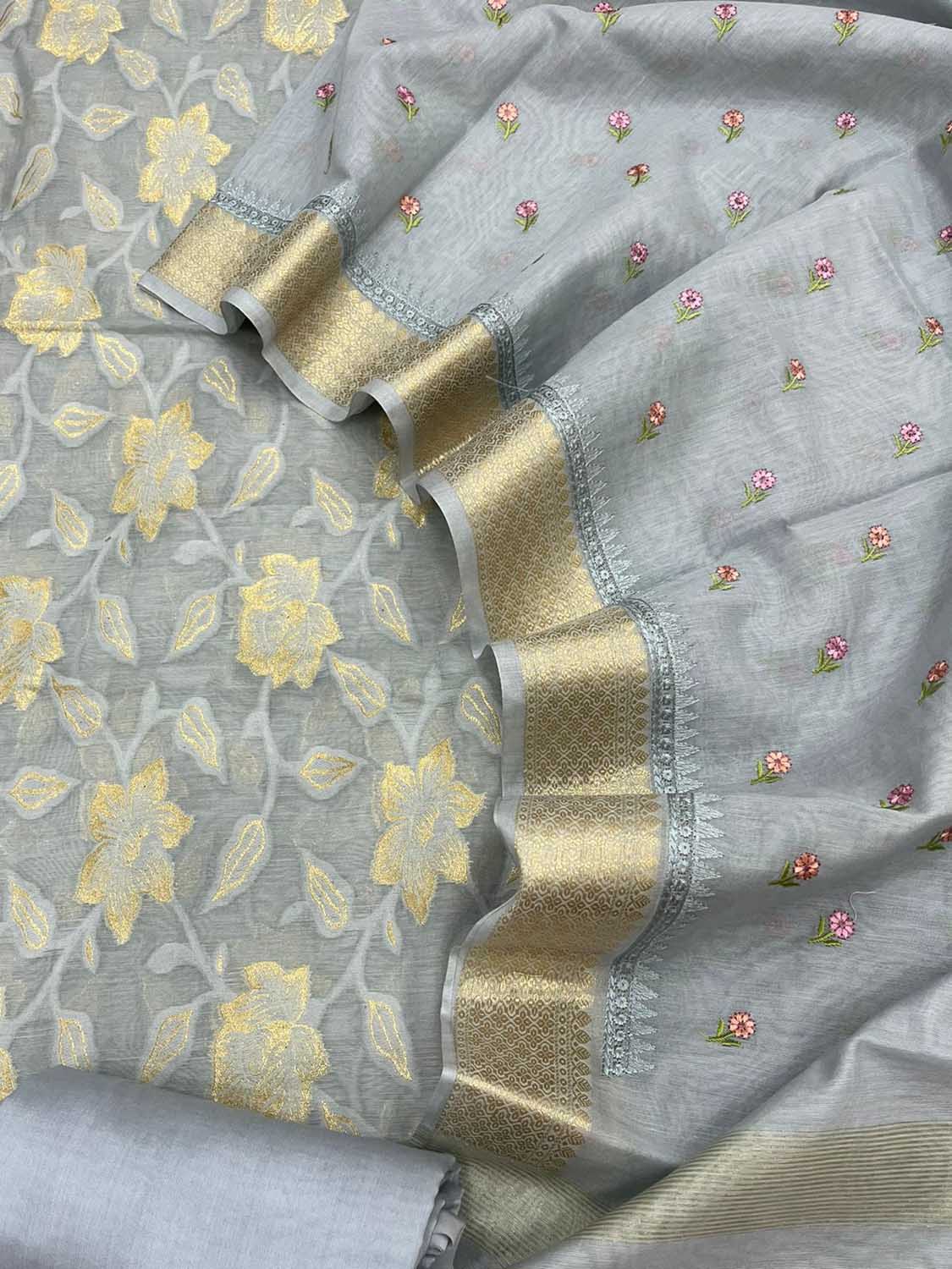 Graceful Grey Banarasi Cotton Suit Set - Unstitched Three Piece - Luxurion World