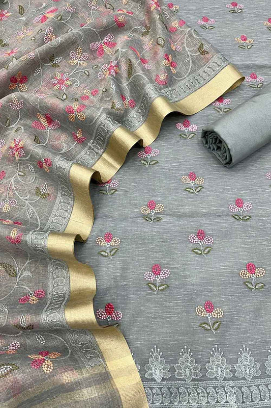 Graceful Grey Banarasi Linen Cotton Suit Set - Unstitched - Luxurion World