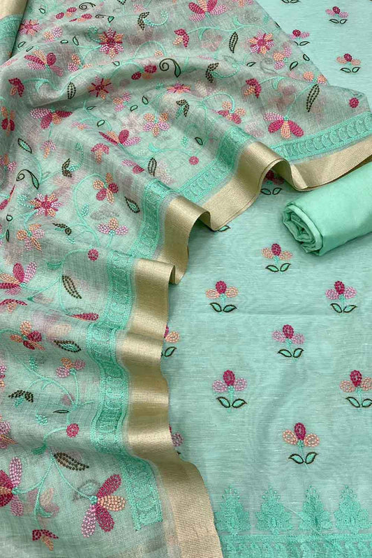 Stylish Green Banarasi Linen Cotton Suit Set - Unstitched - Luxurion World