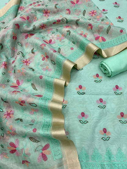 Stylish Green Banarasi Linen Cotton Suit Set - Unstitched - Luxurion World