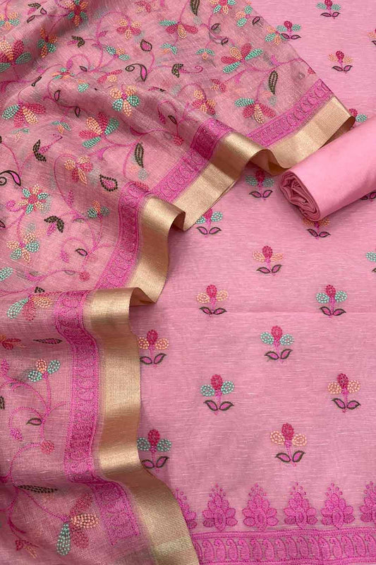 Stylish Pink Banarasi Linen Cotton Suit Set - Unstitched
