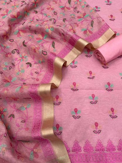 Stylish Pink Banarasi Linen Cotton Suit Set - Unstitched - Luxurion World
