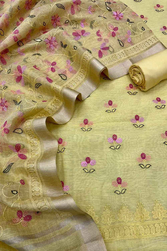 Yellow Banarasi Linen Cotton Suit Set: Unstitched Elegance