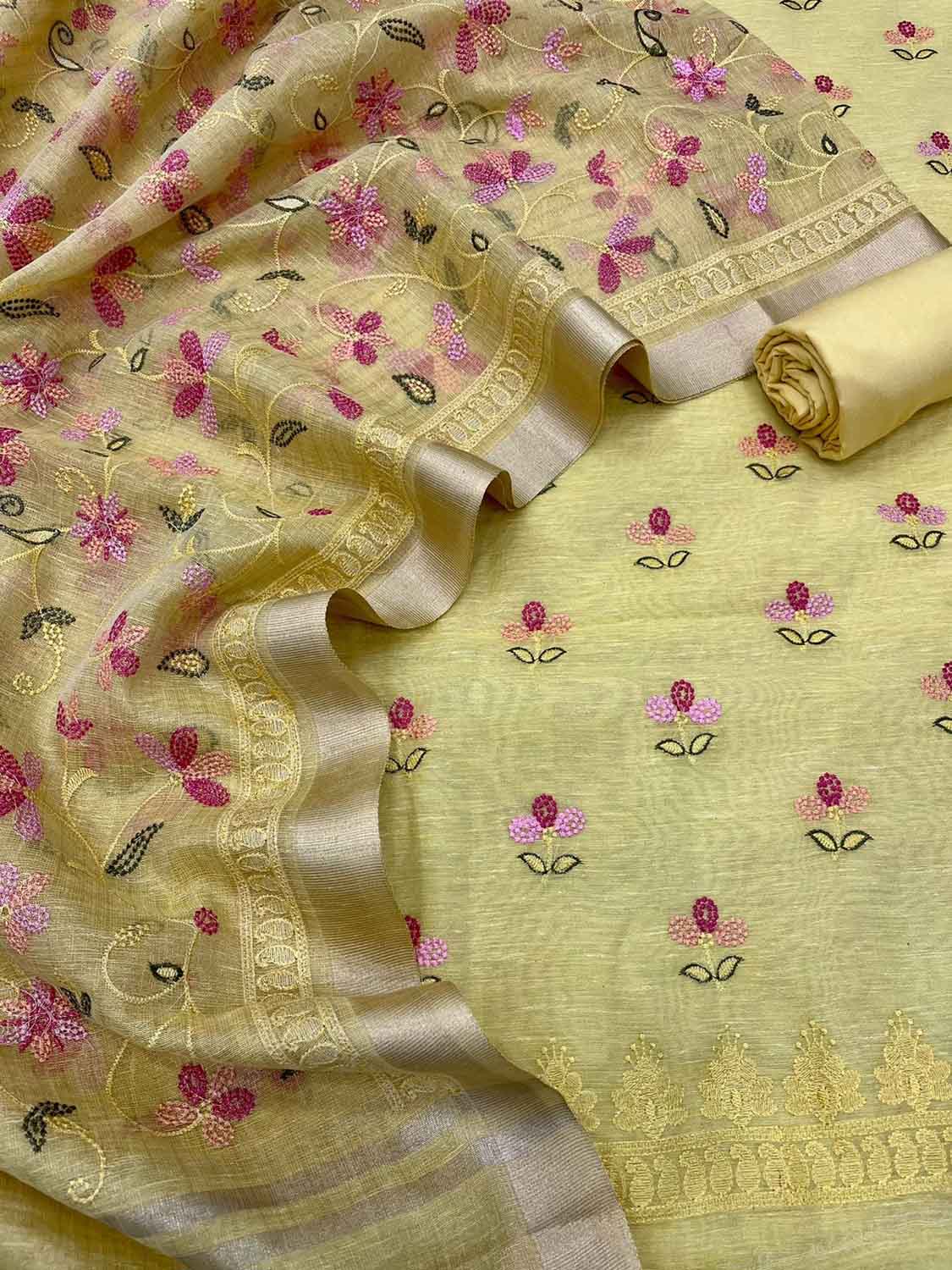 Yellow Banarasi Linen Cotton Suit Set: Unstitched Elegance - Luxurion World