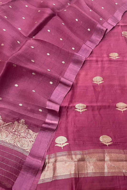 Pink Handloom Banarasi Pure Chiniya Silk Suit With Organza Dupatta - Luxurion World