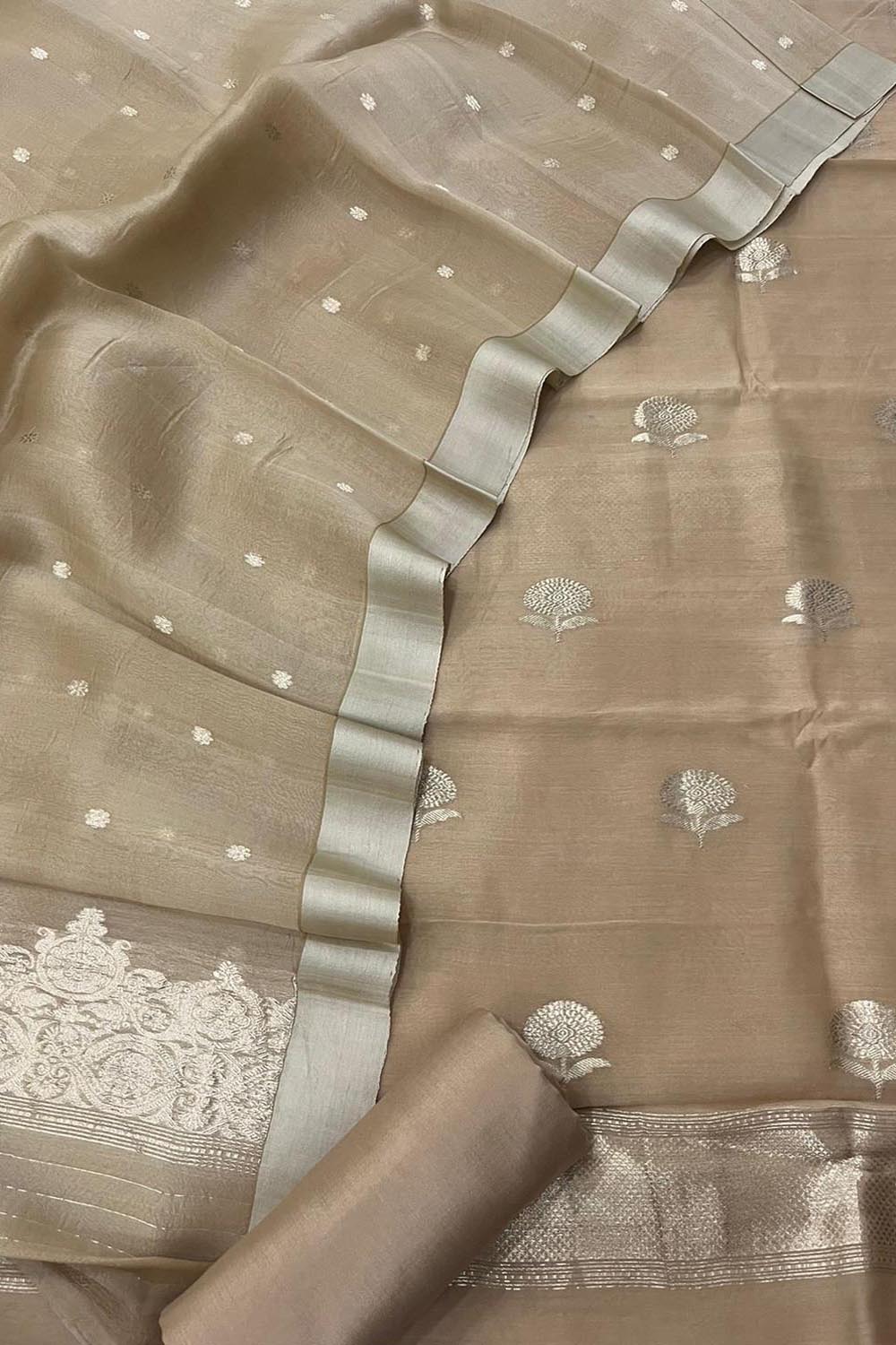 Pastel Handloom Banarasi Pure Chiniya Silk Suit With Organza Dupatta - Luxurion World