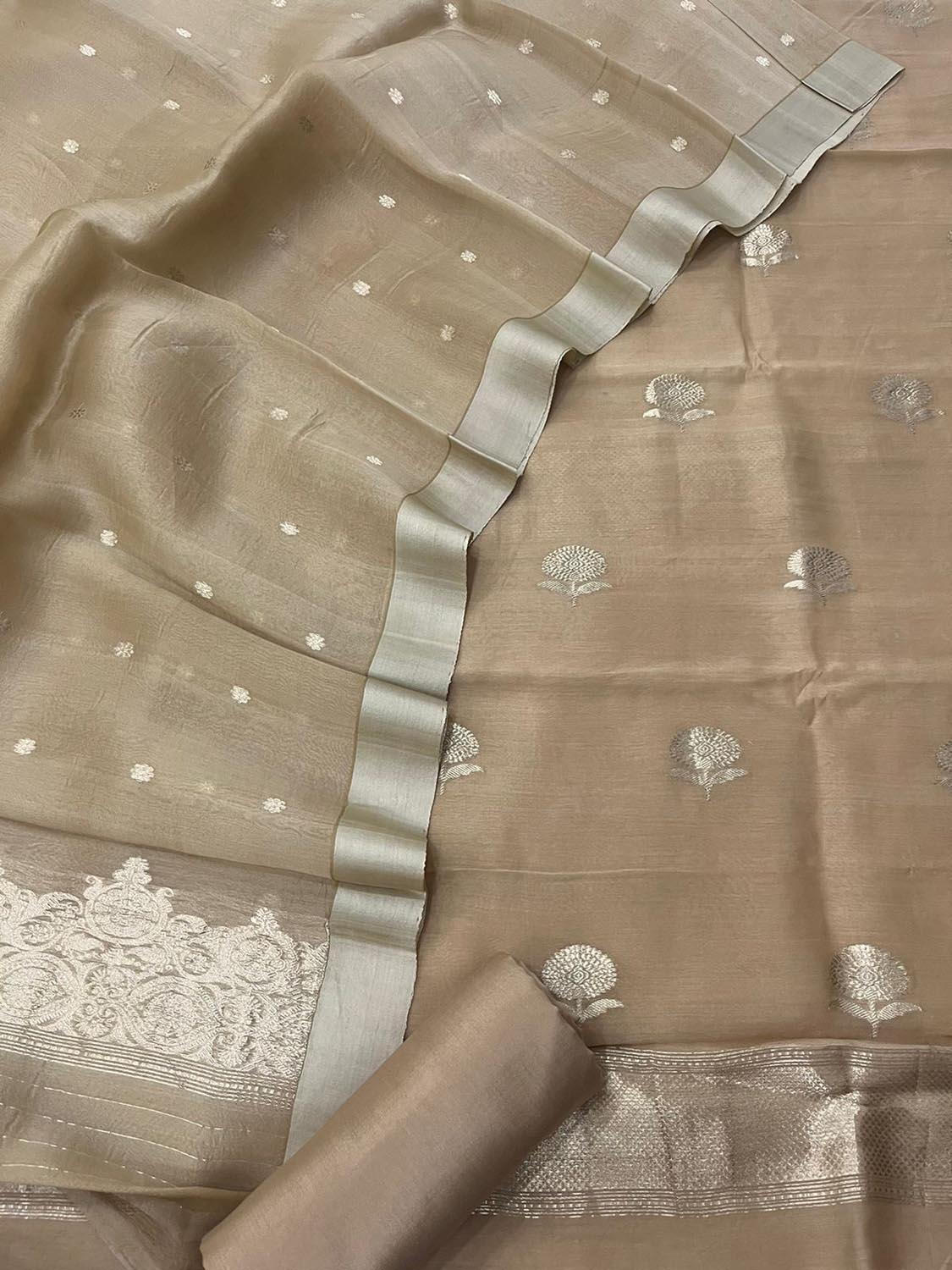 Pastel Handloom Banarasi Pure Chiniya Silk Suit With Organza Dupatta - Luxurion World